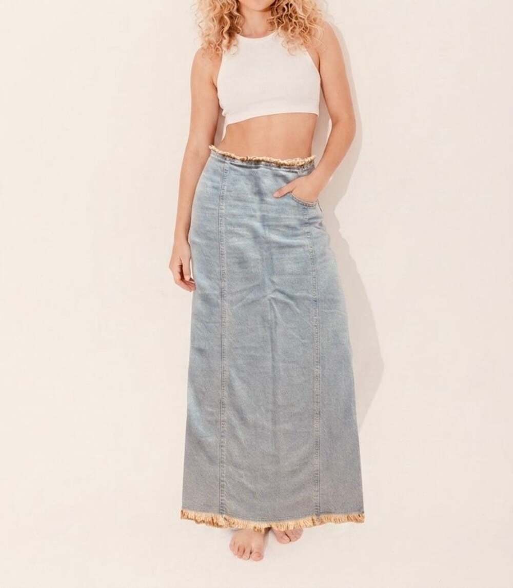 H&M DIVIDED Light Wash Denim Frayed Hem Maxi Skirt